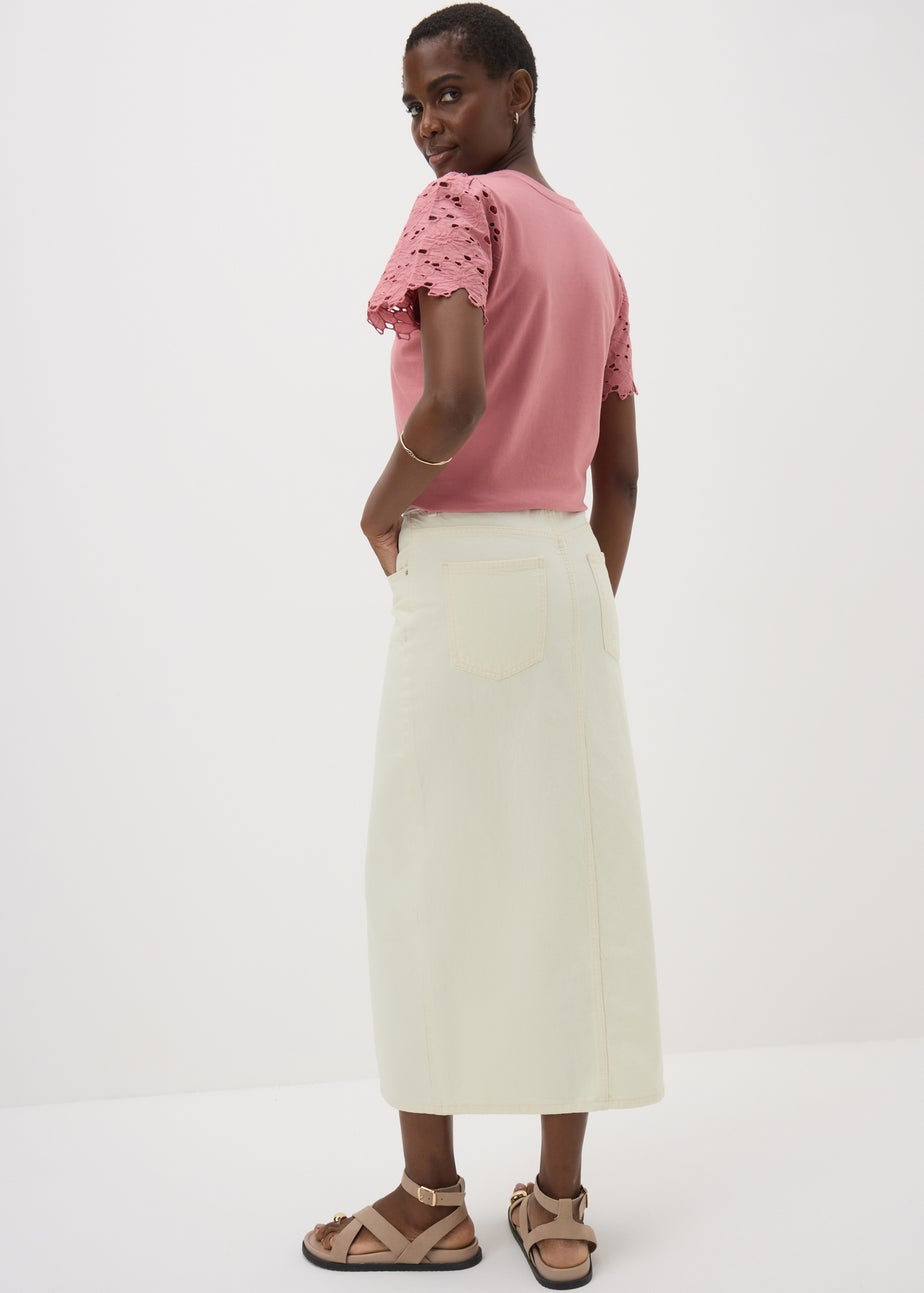 Cream Denim Midi Skirt