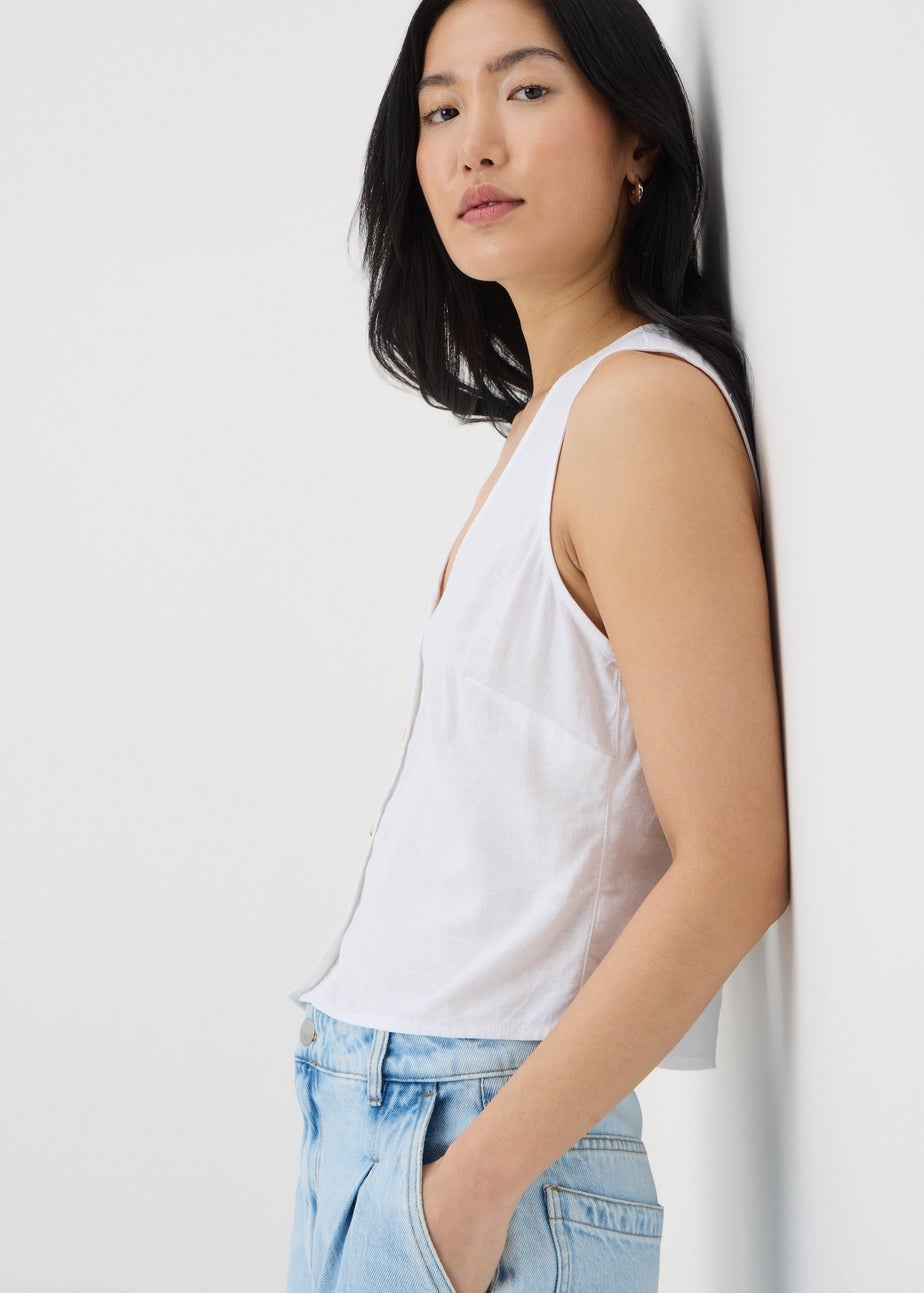 White Linen Blend Button Up Vest Top