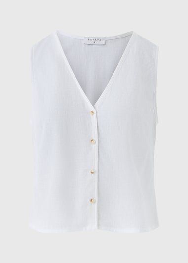 White Linen Blend Button Up Vest Top