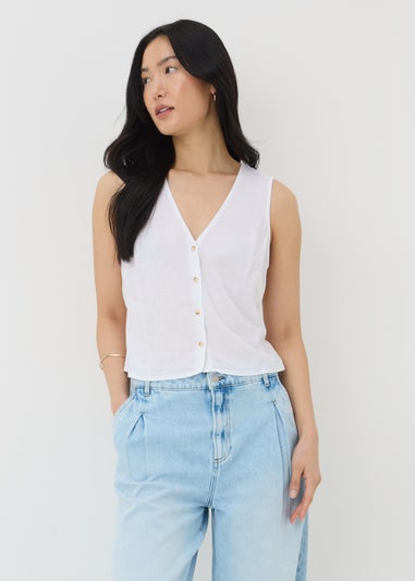 White Linen Blend Button Up Vest Top