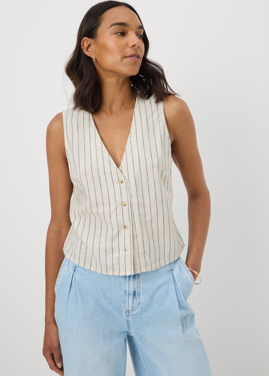 Stone Linen Blend Stripe Waistcoat