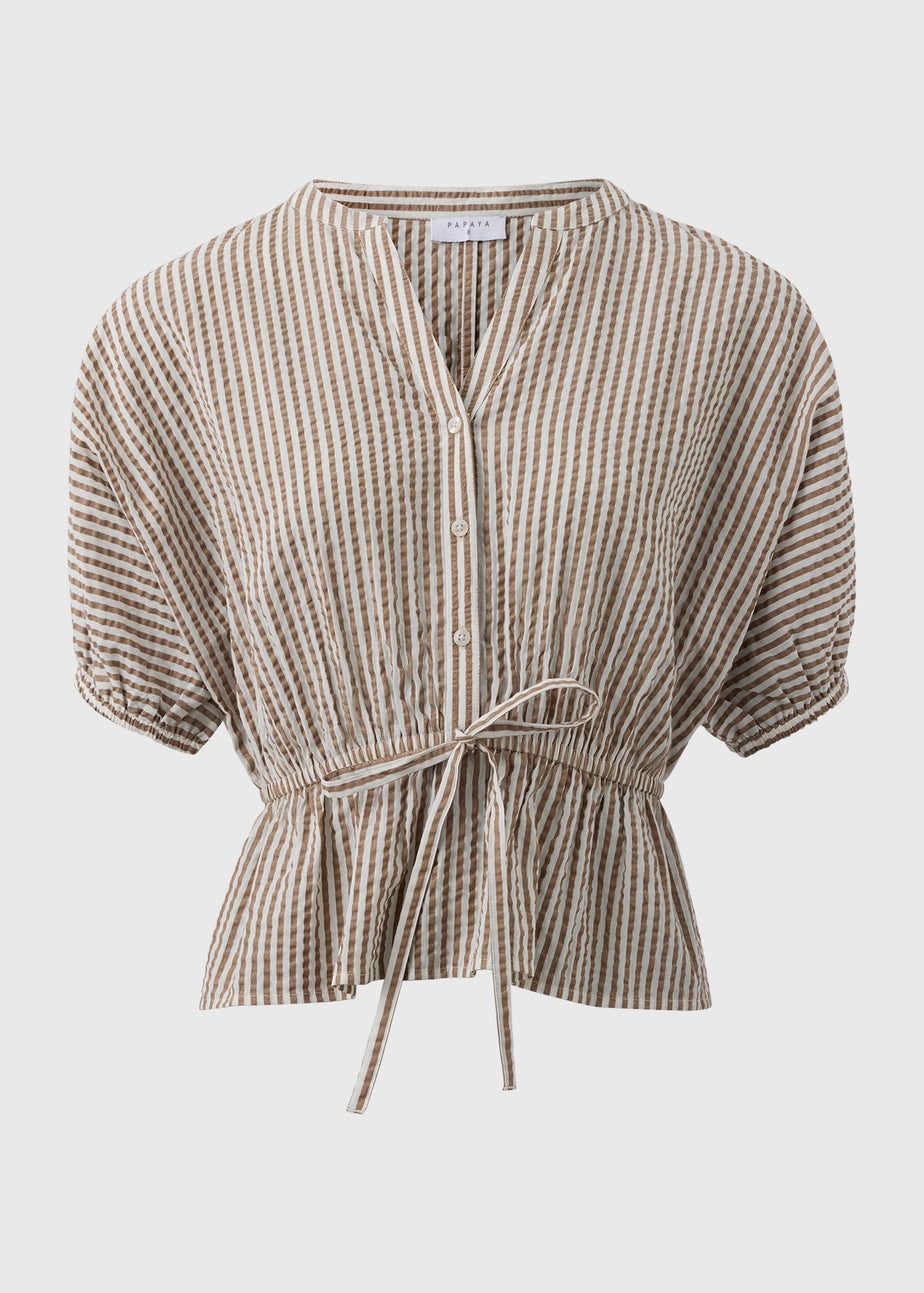 Brown Seersucker Stripe Co Ord Peplum Blouse