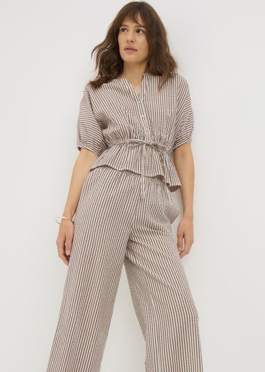 Brown Seersucker Stripe Co Ord Peplum Blouse