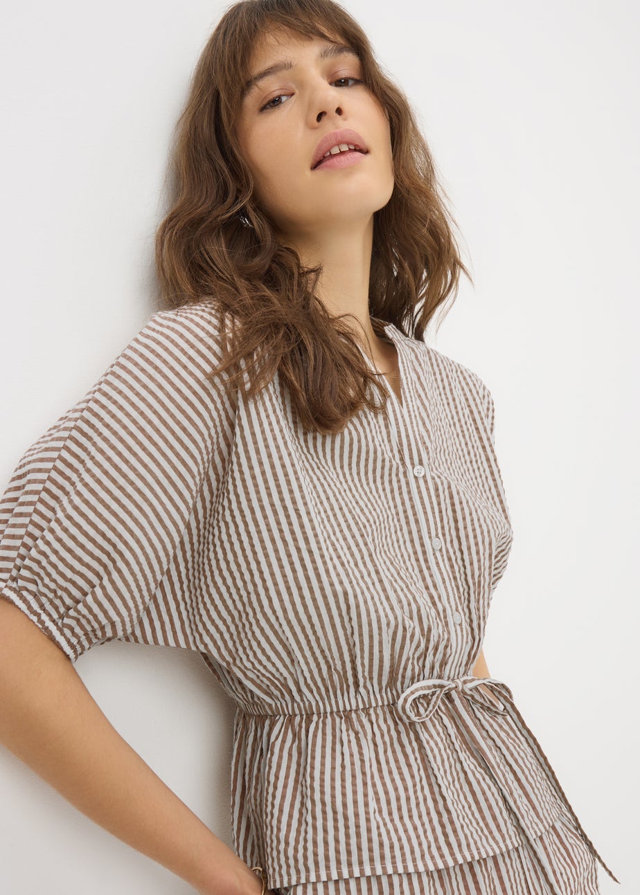 Brown Seersucker Stripe Co Ord Peplum Blouse