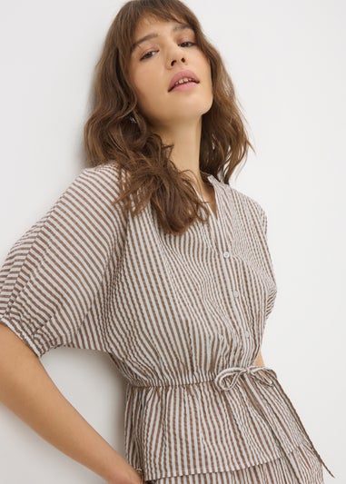Brown Seersucker Stripe Co Ord Peplum Blouse
