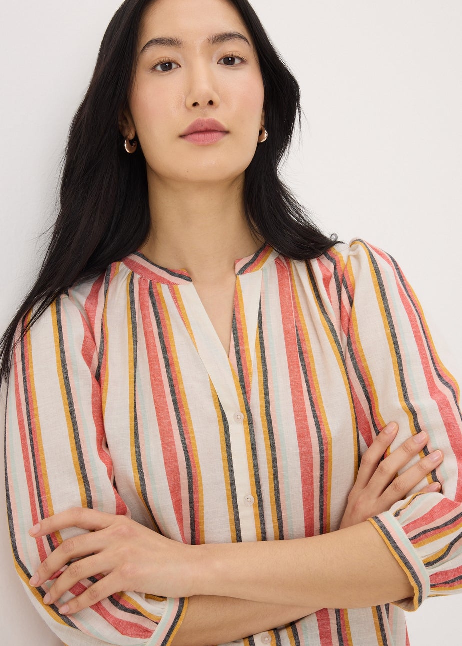 Cream Linen Blend Stripe 3/4 Sleeve Blouse