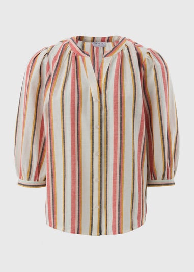 Cream Linen Blend Stripe 3/4 Sleeve Blouse