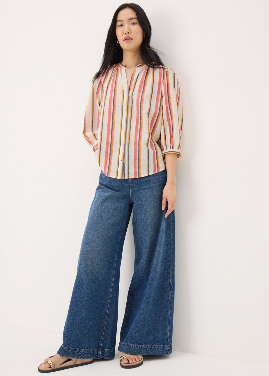 Cream Linen Blend Stripe 3/4 Sleeve Blouse