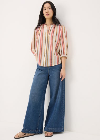 Cream Linen Blend Stripe 3/4 Sleeve Blouse