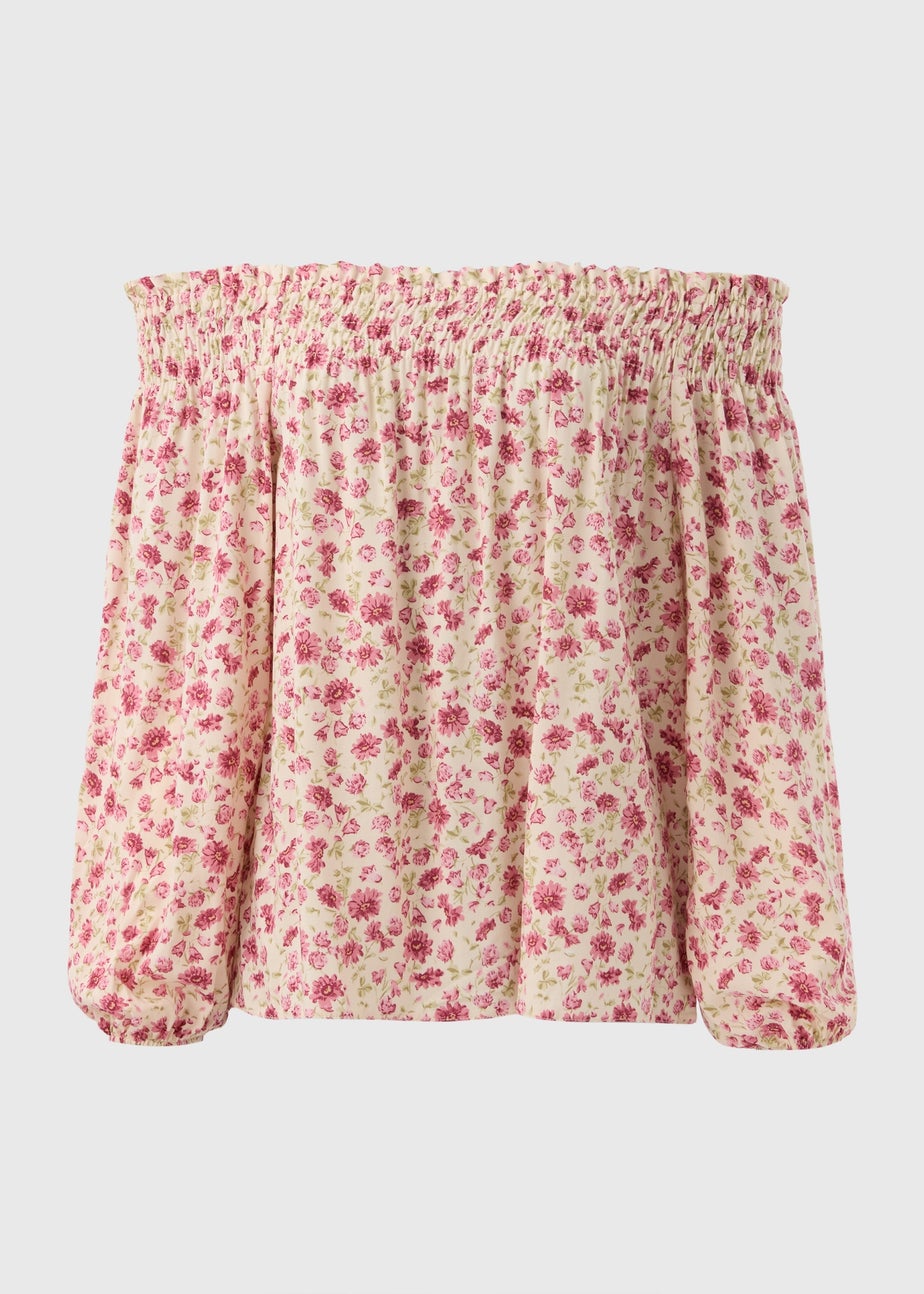 Pink Floral Shirred Bardot Top