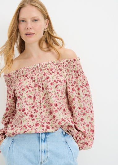 Pink Floral Shirred Bardot Top