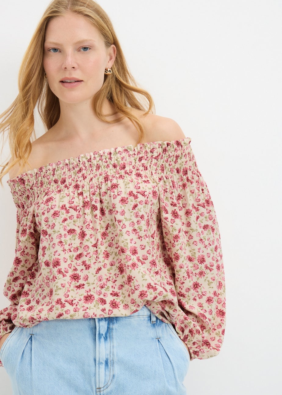 Pink Floral Shirred Bardot Top