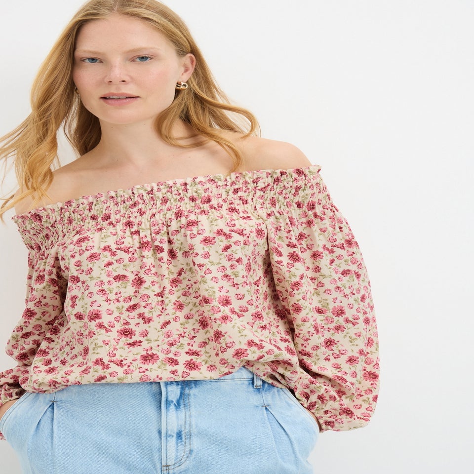 Pink Floral Shirred Bardot Top