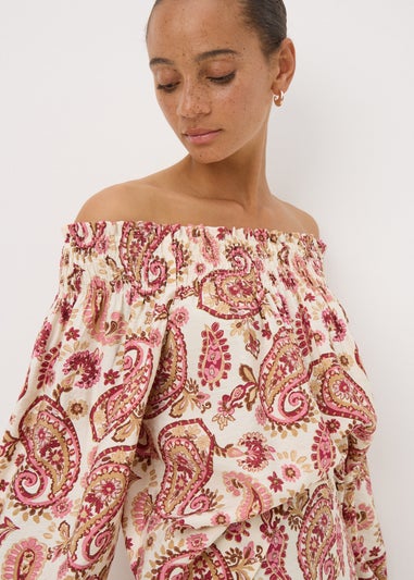 Pink Paisley Print Shirred Bardot Top
