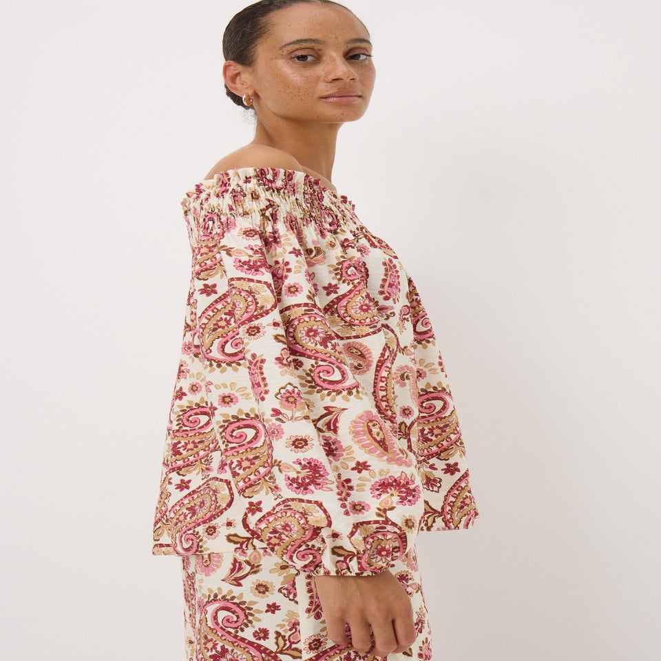 Pink Paisley Print Shirred Bardot Top