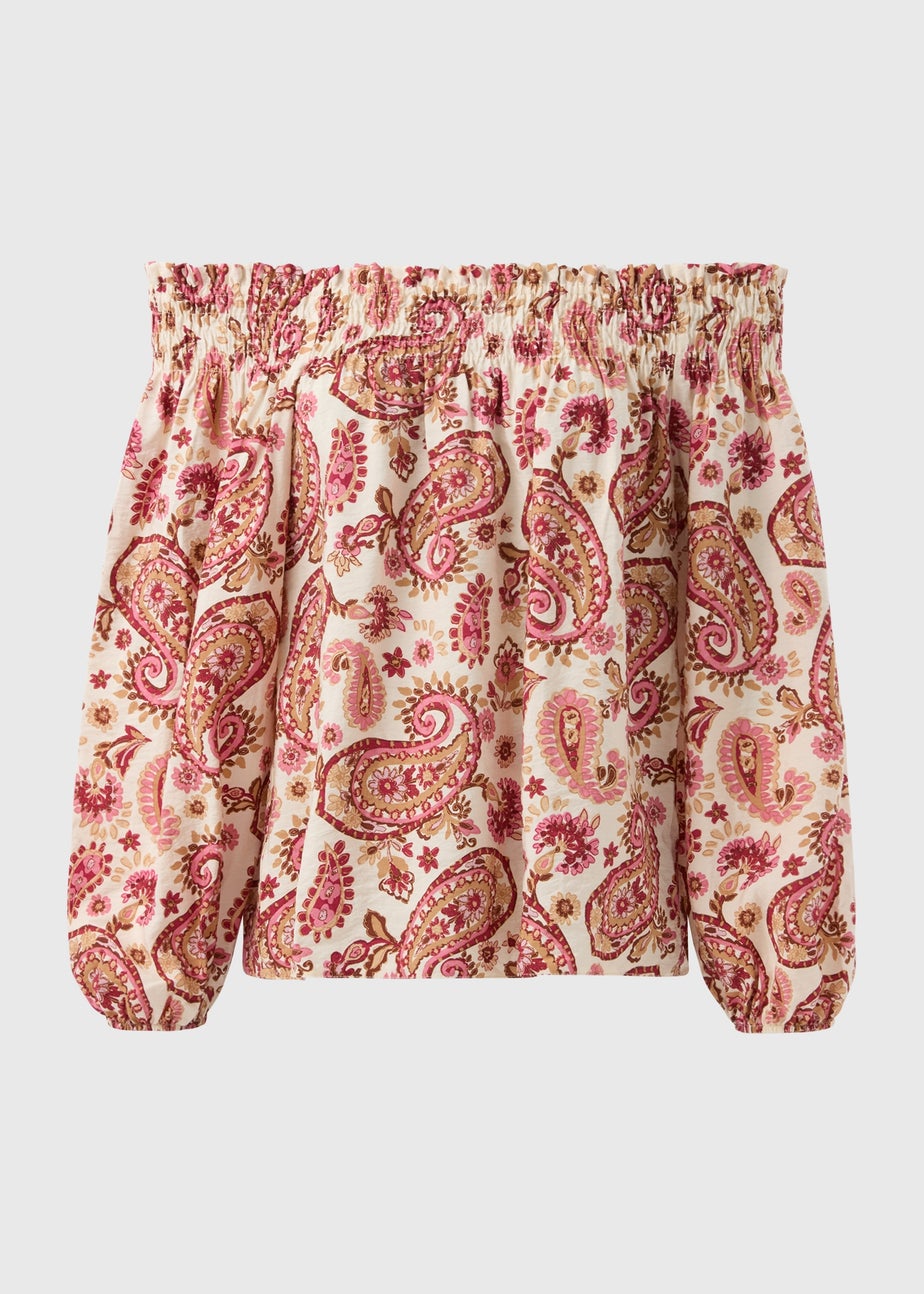 Pink Paisley Print Shirred Bardot Top