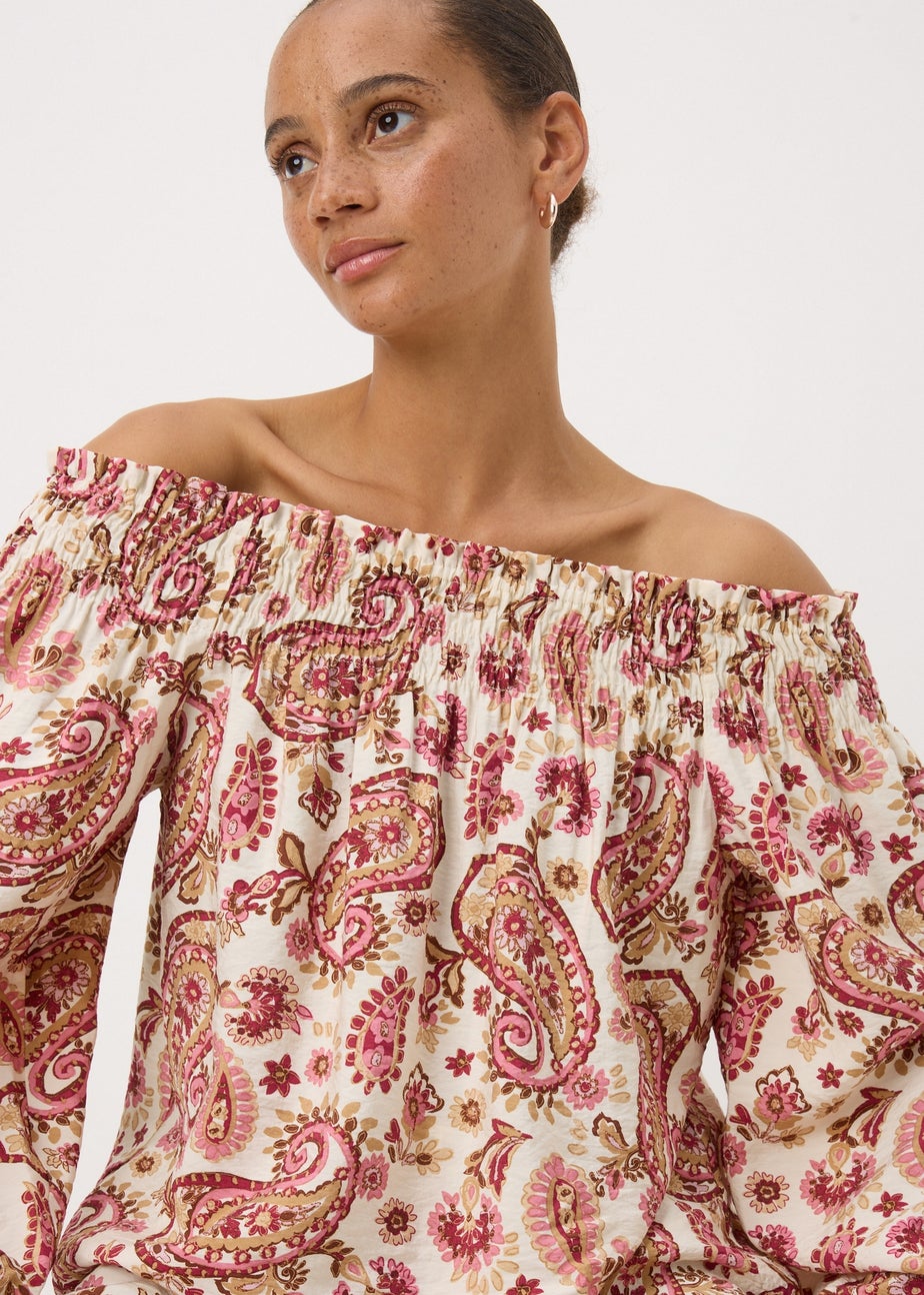 Pink Paisley Print Shirred Bardot Top