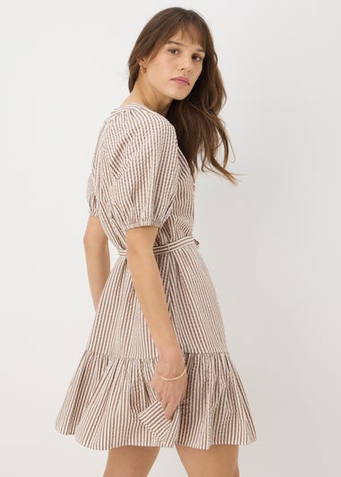 Brown Stripe Mini Puff Sleeve Dress
