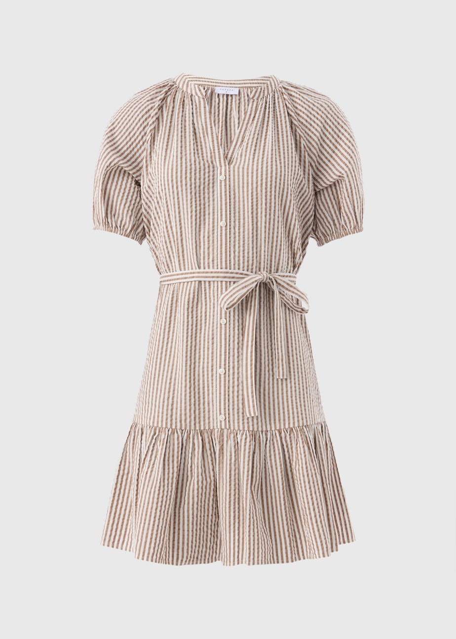 Brown Stripe Mini Puff Sleeve Dress