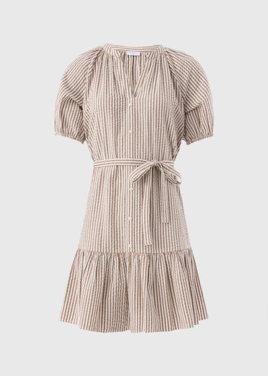 Brown Stripe Mini Puff Sleeve Dress