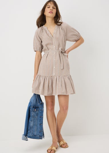 Brown Stripe Mini Puff Sleeve Dress