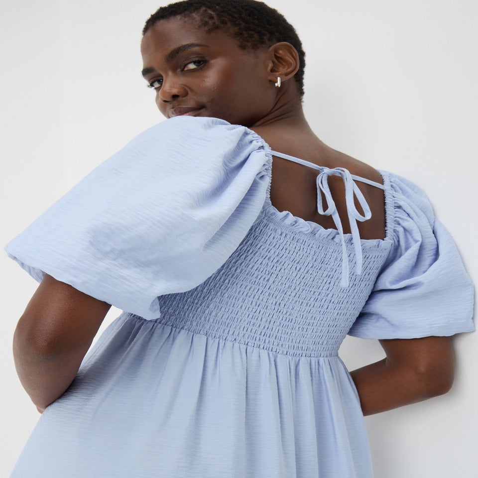 Light Blue Shirred Puff Sleeve Midi Dress