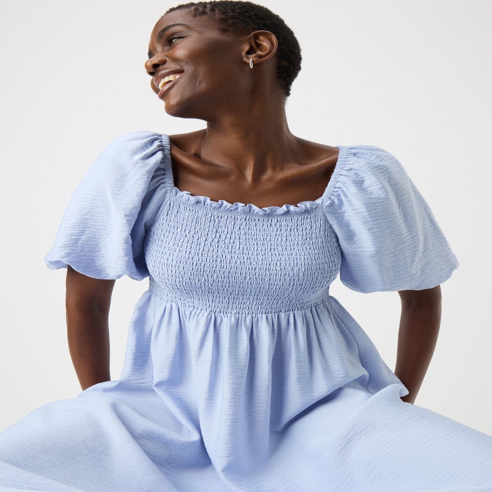 Light Blue Shirred Puff Sleeve Midi Dress