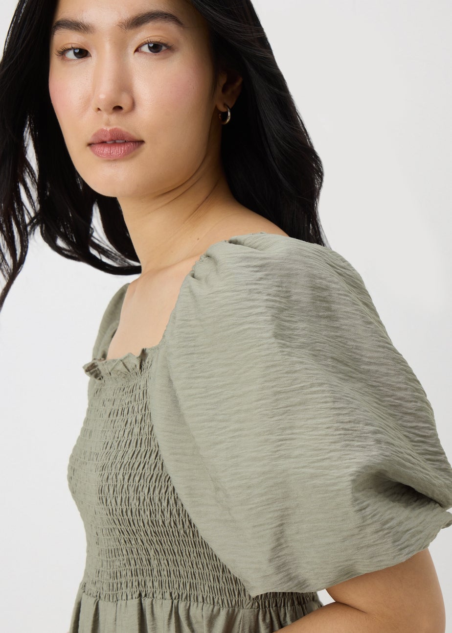 Sage Green Shirred Puff Sleeve Midi Dress