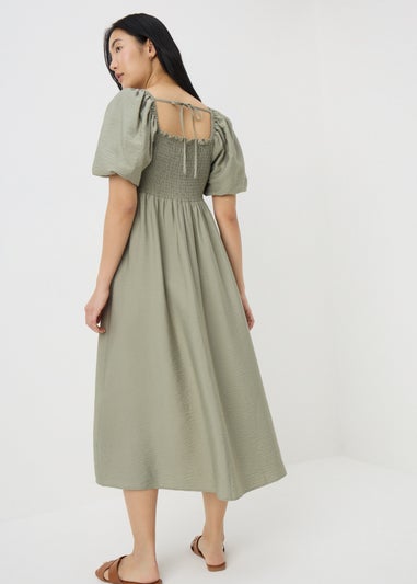 Sage Green Shirred Puff Sleeve Midi Dress