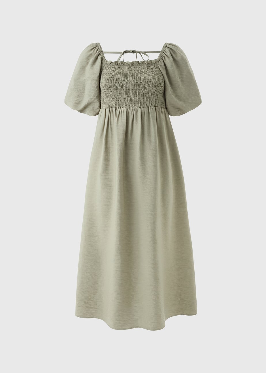 Sage Green Shirred Puff Sleeve Midi Dress