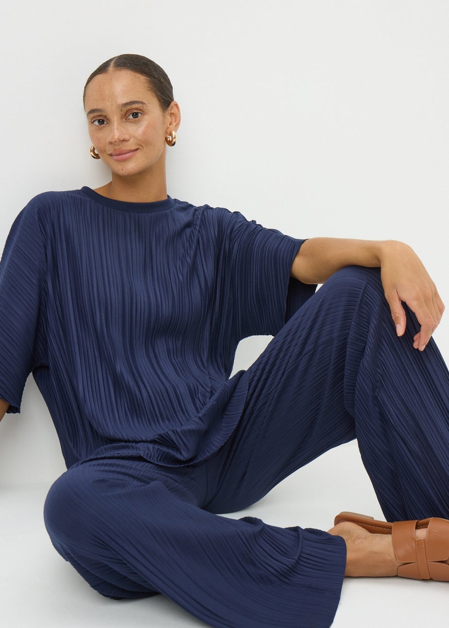 Navy Plisse Co Ord Trousers