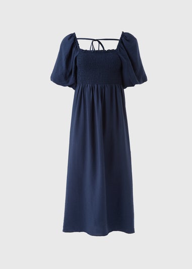 Navy Shirred Puff Sleeve Midi Dress