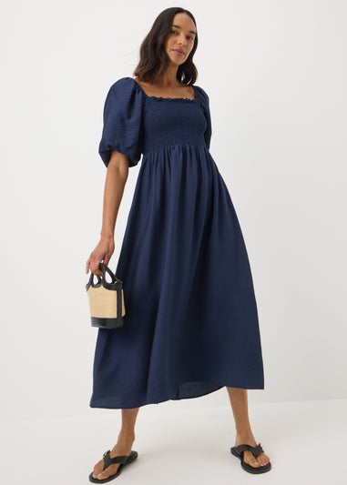 Navy Shirred Puff Sleeve Midi Dress