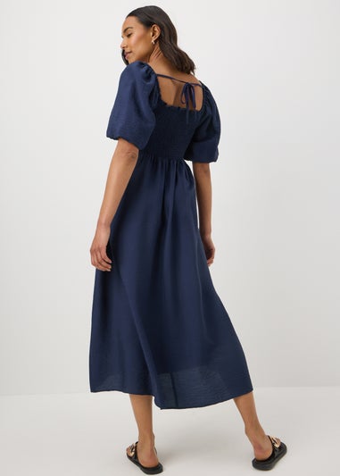 Navy Shirred Puff Sleeve Midi Dress