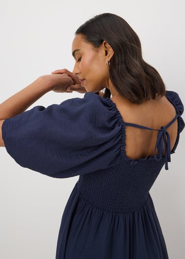 Navy Shirred Puff Sleeve Midi Dress
