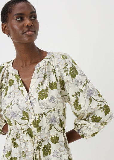 Green Floral Raglan Midi Shirt Dress