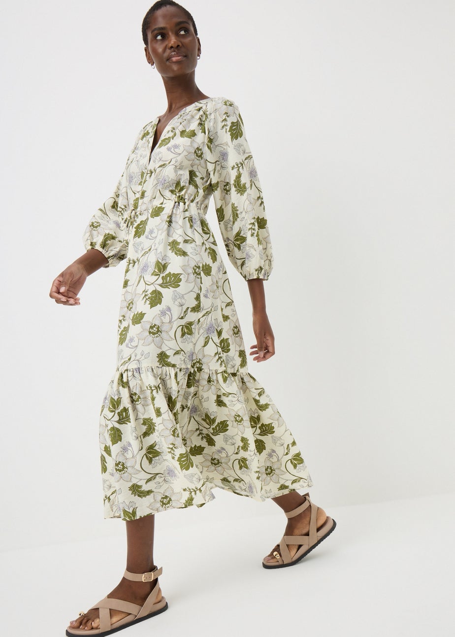 Green Floral Raglan Midi Shirt Dress