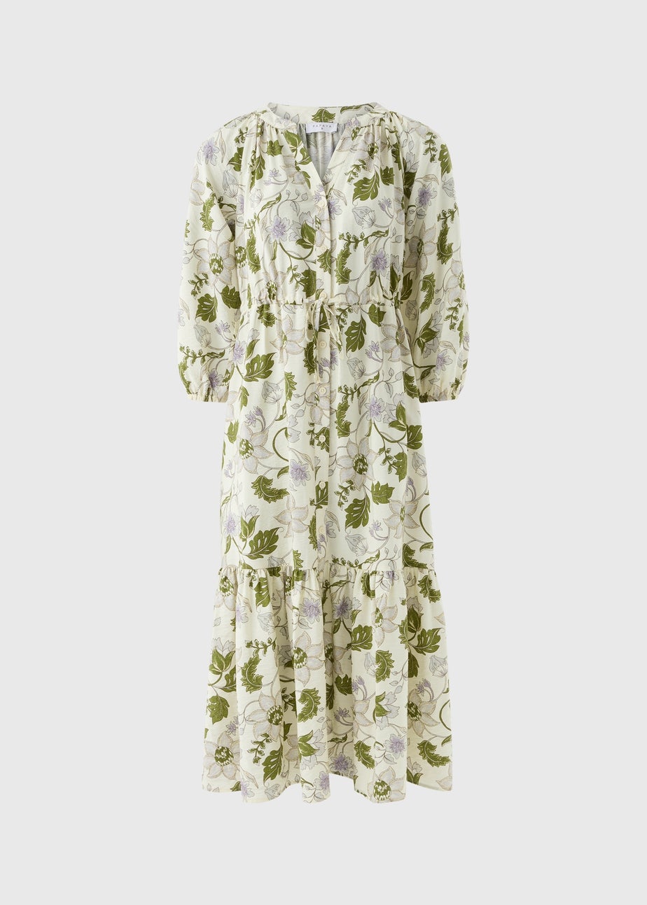 Green Floral Raglan Midi Shirt Dress