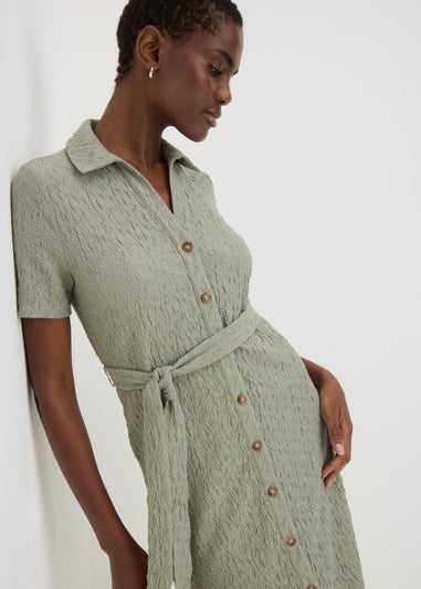 Khaki Textured Shirt Midi Dress