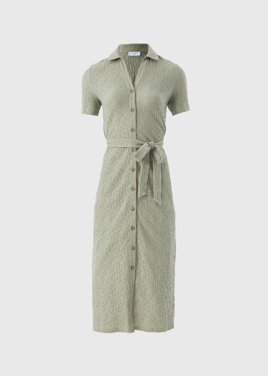 Khaki Textured Shirt Midi Dress