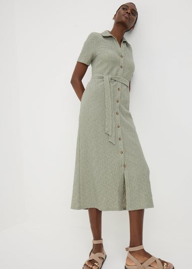 Khaki Textured Shirt Midi Dress