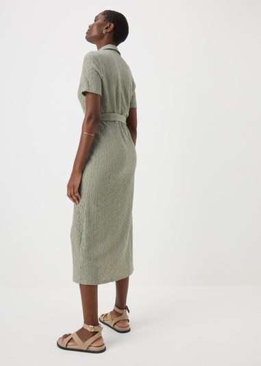 Khaki Textured Shirt Midi Dress
