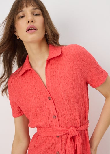Coral Textured Shirt Midi Dress