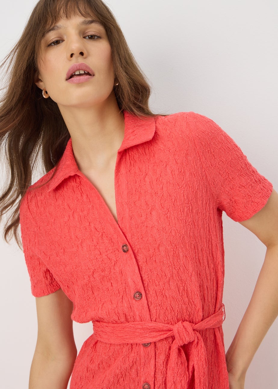 Coral Textured Shirt Midi Dress