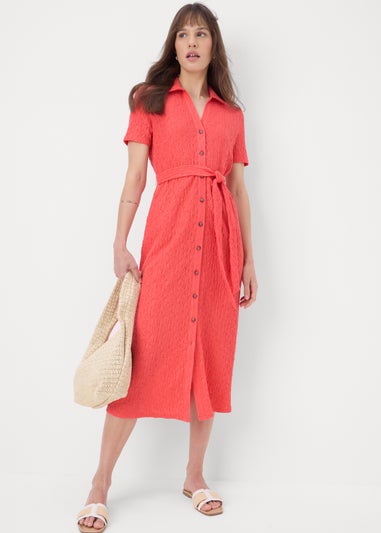 Coral Textured Shirt Midi Dress