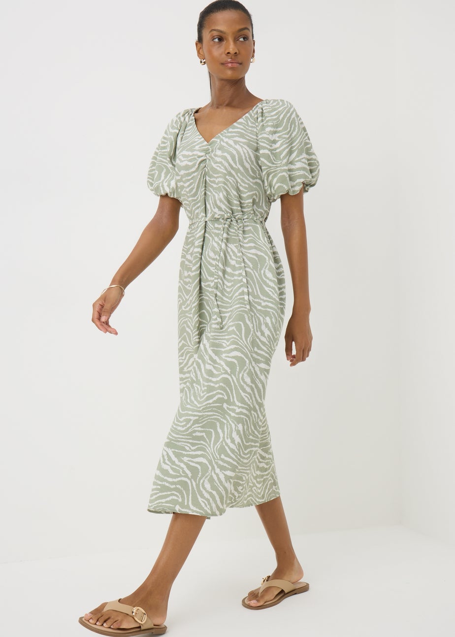 Sage Green Zebra Tie Waist Midi Dress