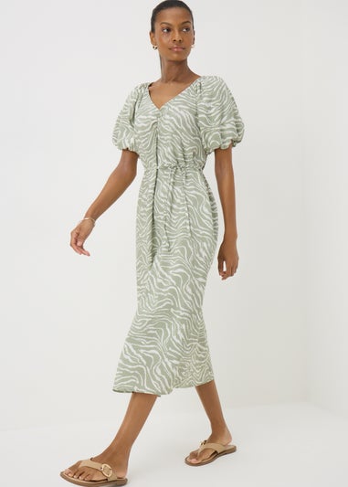 Sage Green Zebra Tie Waist Midi Dress
