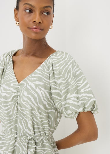 Sage Green Zebra Tie Waist Midi Dress