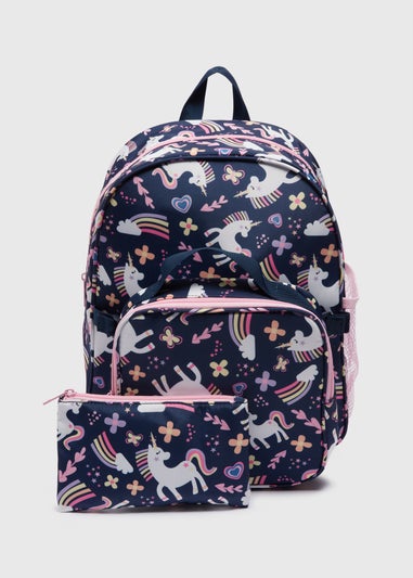Kids 3 Piece Navy Unicorn Backpack Set