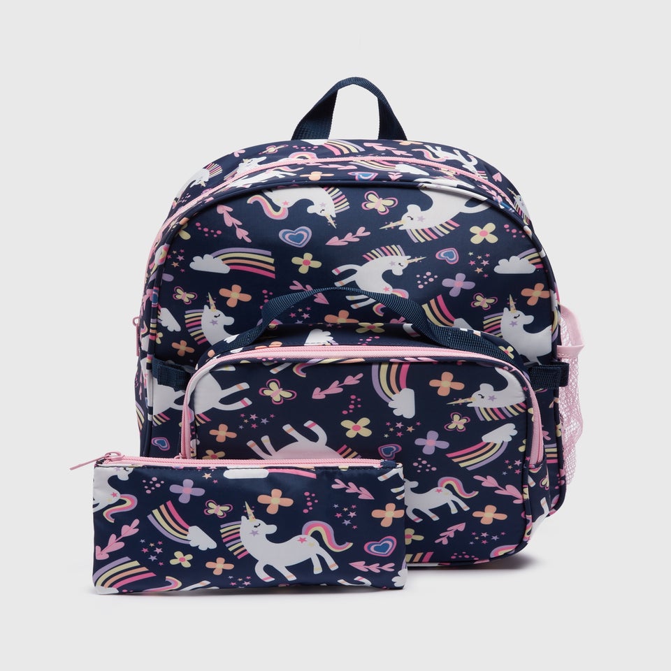 Kids 3 Piece Navy Unicorn Backpack Set